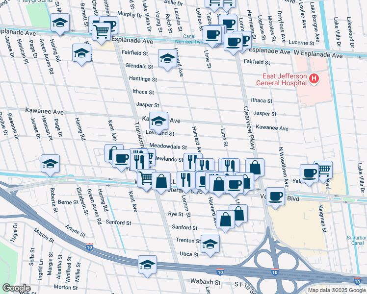 map of restaurants, bars, coffee shops, grocery stores, and more near 4841 Meadowdale Street in Metairie
