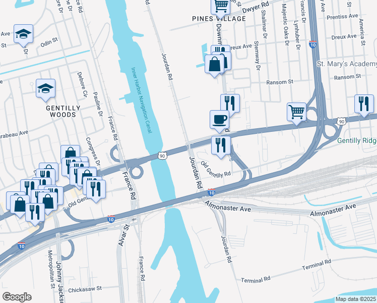 map of restaurants, bars, coffee shops, grocery stores, and more near 5500-5598 Chef Menteur Hwy in New Orleans