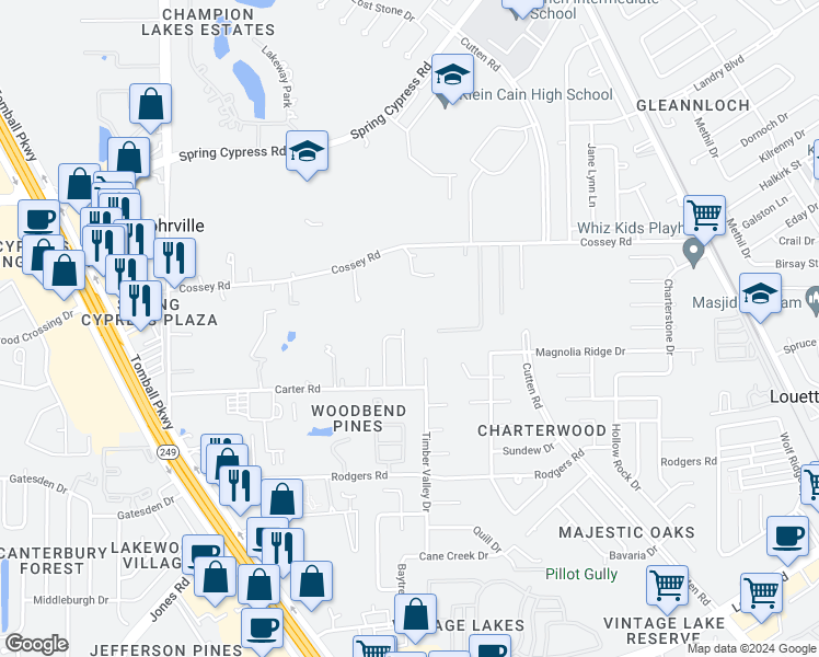map of restaurants, bars, coffee shops, grocery stores, and more near 16406 Bohnhof Strasse Street in Houston