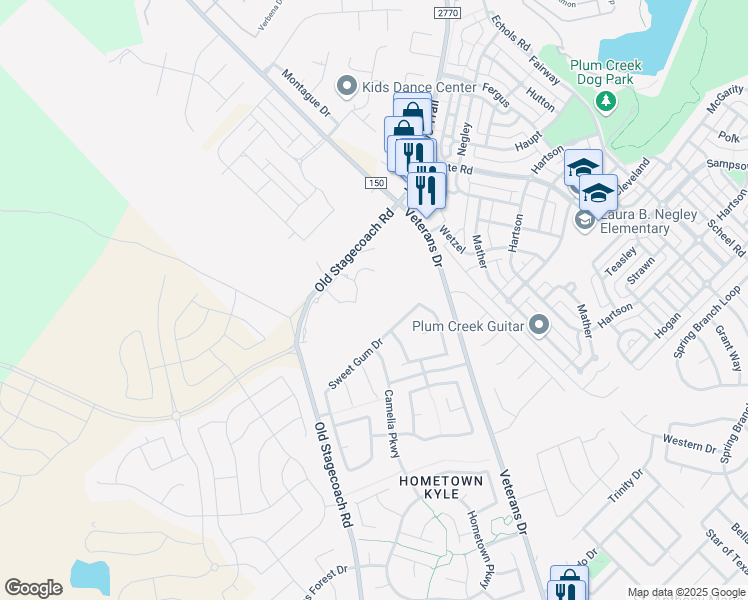 map of restaurants, bars, coffee shops, grocery stores, and more near 2501 West Fm 150 in Kyle