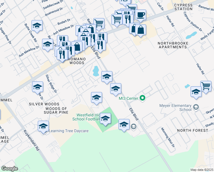 map of restaurants, bars, coffee shops, grocery stores, and more near 16717 Ella Boulevard in Houston