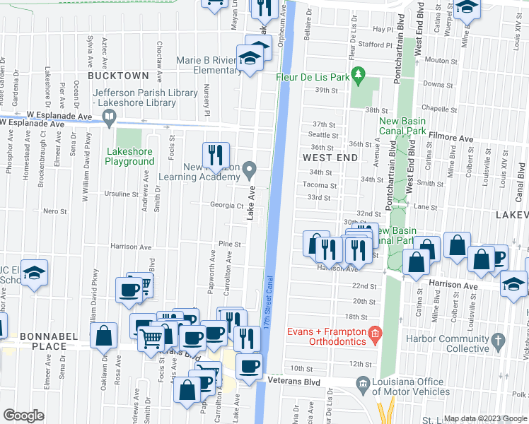 map of restaurants, bars, coffee shops, grocery stores, and more near 100 Georgia Court in Metairie