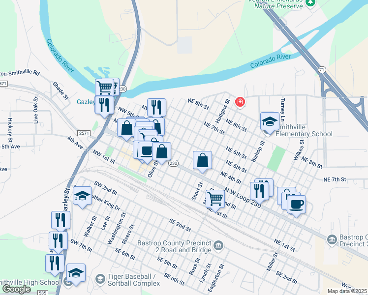 map of restaurants, bars, coffee shops, grocery stores, and more near 400 Gresham Street in Smithville