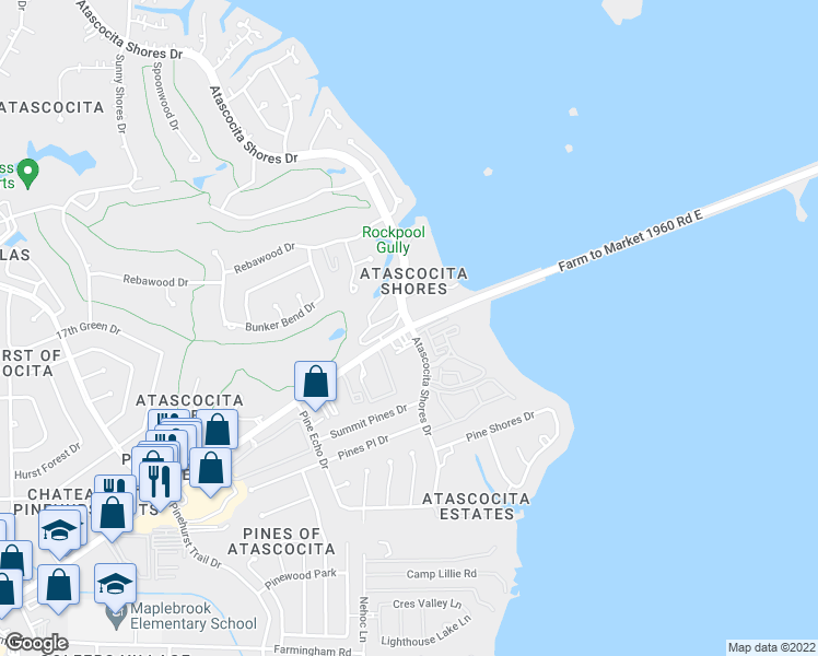 map of restaurants, bars, coffee shops, grocery stores, and more near Atascocita Shores Drive in Humble