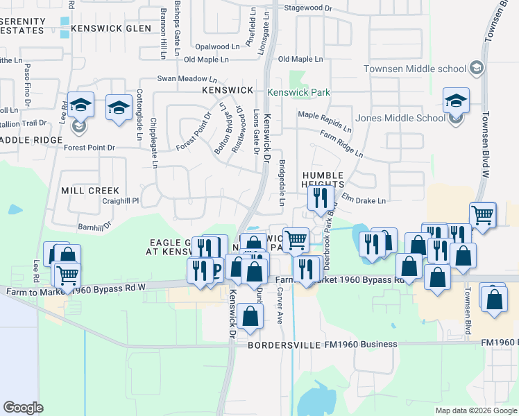 map of restaurants, bars, coffee shops, grocery stores, and more near 8607 Orchard Ridge Lane in Humble