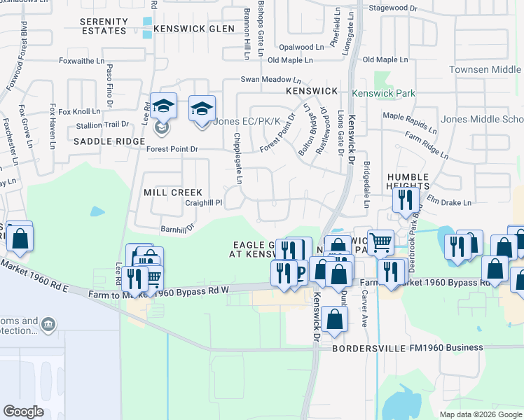 map of restaurants, bars, coffee shops, grocery stores, and more near 19707 Bishops Gate Lane in Humble