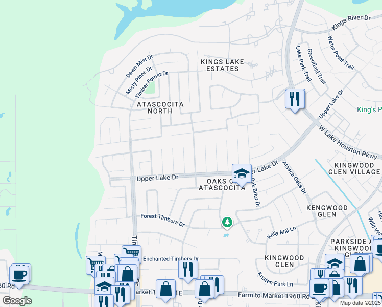 map of restaurants, bars, coffee shops, grocery stores, and more near 19802 Big Timber Drive in Humble