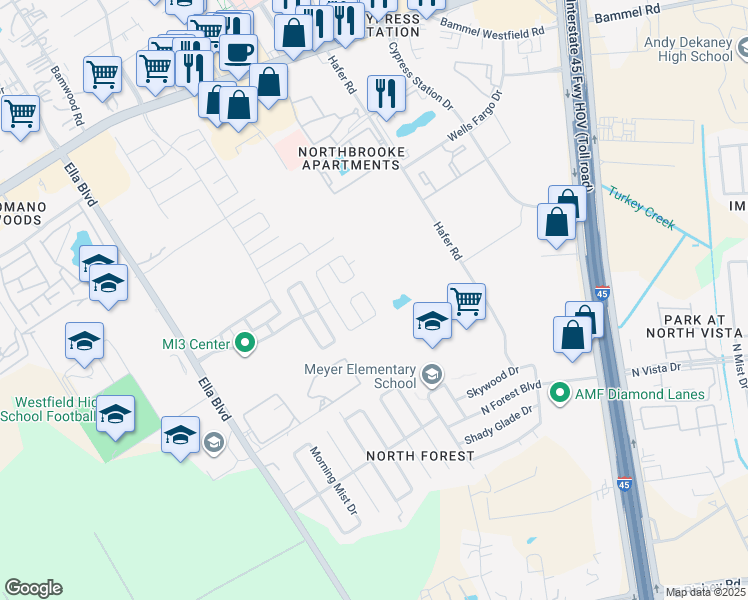 map of restaurants, bars, coffee shops, grocery stores, and more near 16534 Pentonshire Lane in Houston
