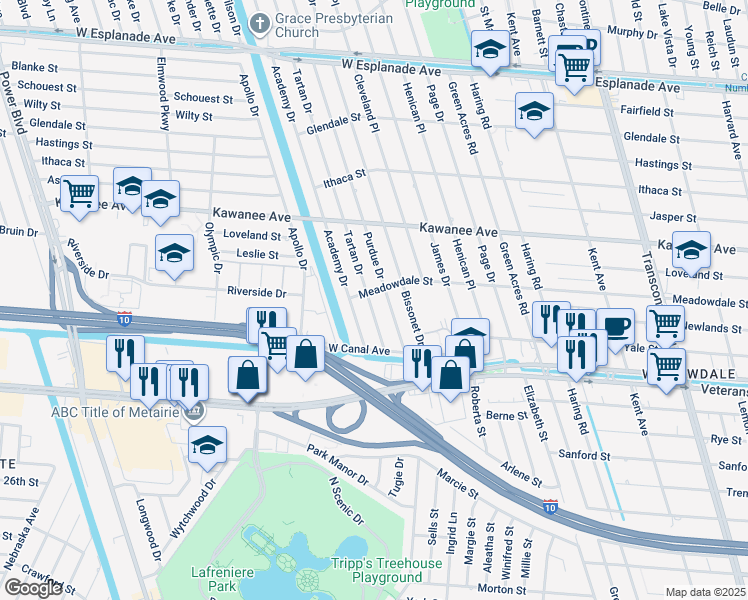 map of restaurants, bars, coffee shops, grocery stores, and more near 3509 Tartan Drive in Metairie