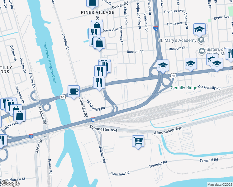 map of restaurants, bars, coffee shops, grocery stores, and more near 5950 Chef Menteur Highway in New Orleans