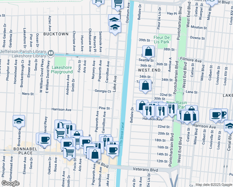 map of restaurants, bars, coffee shops, grocery stores, and more near 100 Georgia Court in Metairie