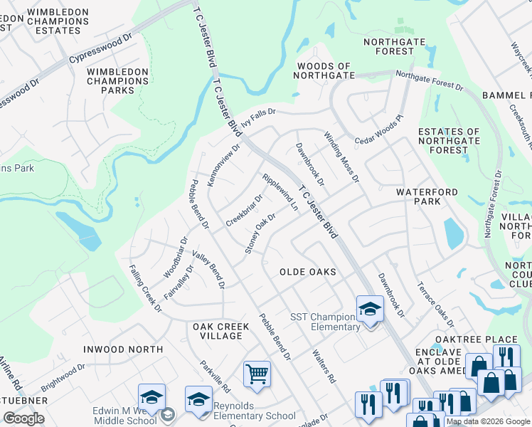 map of restaurants, bars, coffee shops, grocery stores, and more near 3414 Stoney Oak Drive in Houston