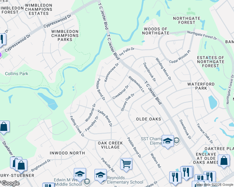 map of restaurants, bars, coffee shops, grocery stores, and more near 3527 Woodbriar Drive in Houston
