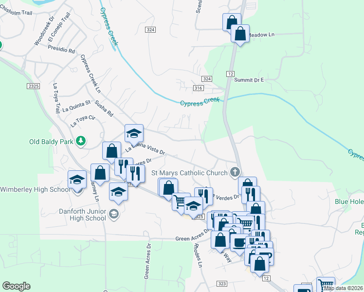 map of restaurants, bars, coffee shops, grocery stores, and more near 333 Cypress Creek Lane in Wimberley