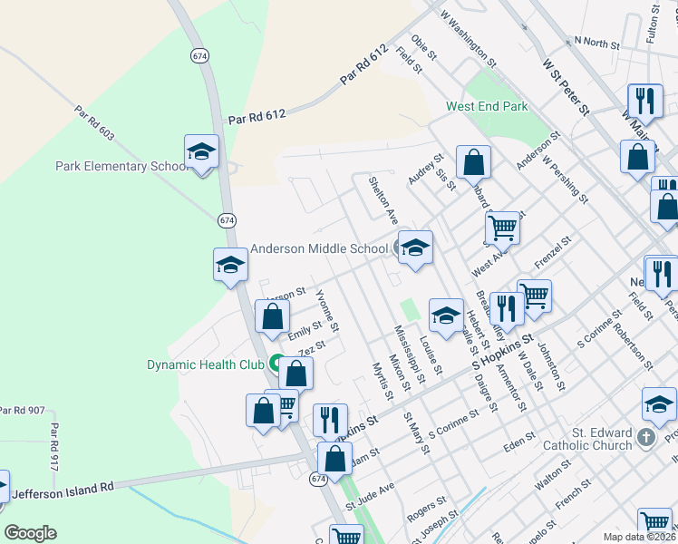 map of restaurants, bars, coffee shops, grocery stores, and more near 803 Mixon Street in New Iberia