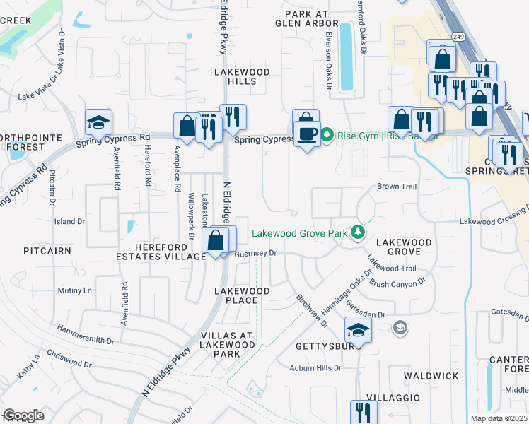 map of restaurants, bars, coffee shops, grocery stores, and more near 16825 West Maglitto Circle in Tomball