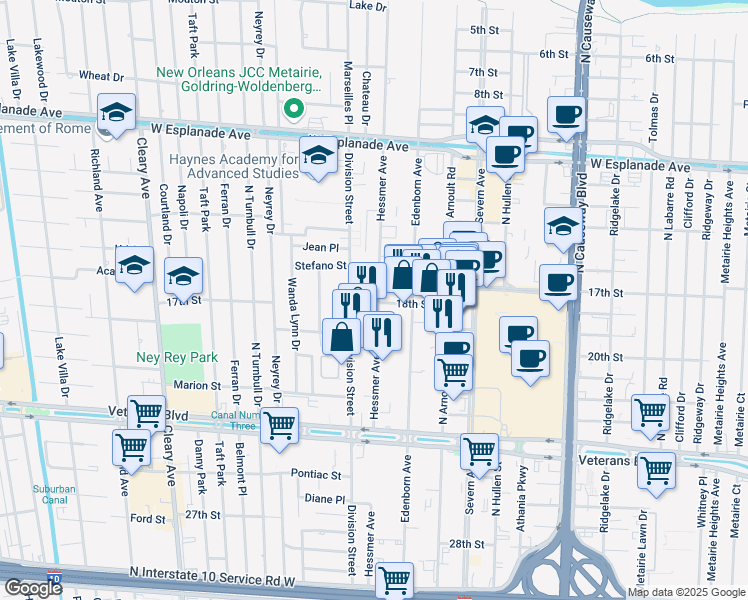 map of restaurants, bars, coffee shops, grocery stores, and more near 207 18th Street in Metairie