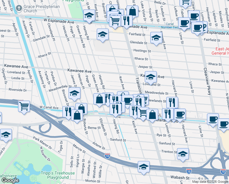 map of restaurants, bars, coffee shops, grocery stores, and more near 5224 Meadowdale Street in Metairie