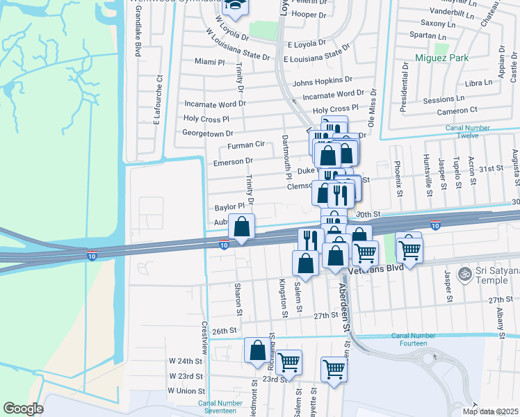 map of restaurants, bars, coffee shops, grocery stores, and more near 201 Baylor Place in Kenner