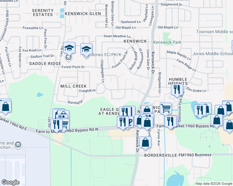 map of restaurants, bars, coffee shops, grocery stores, and more near 19707 Bishops Gate Lane in Humble