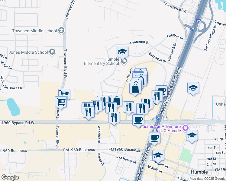 map of restaurants, bars, coffee shops, grocery stores, and more near 9838 Westminster Drive in Humble