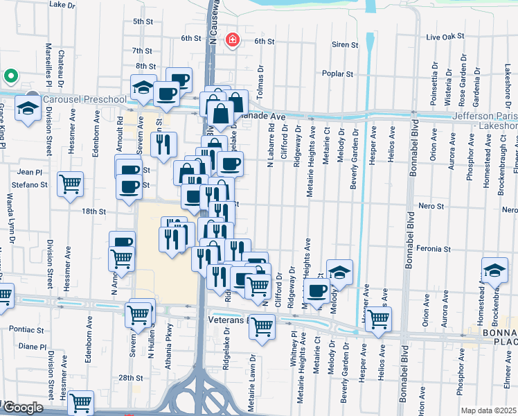 map of restaurants, bars, coffee shops, grocery stores, and more near 3225 Tolmas Drive in Metairie