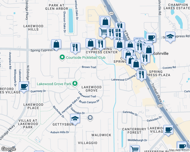 map of restaurants, bars, coffee shops, grocery stores, and more near 16203 Lakewood Field Drive in Tomball