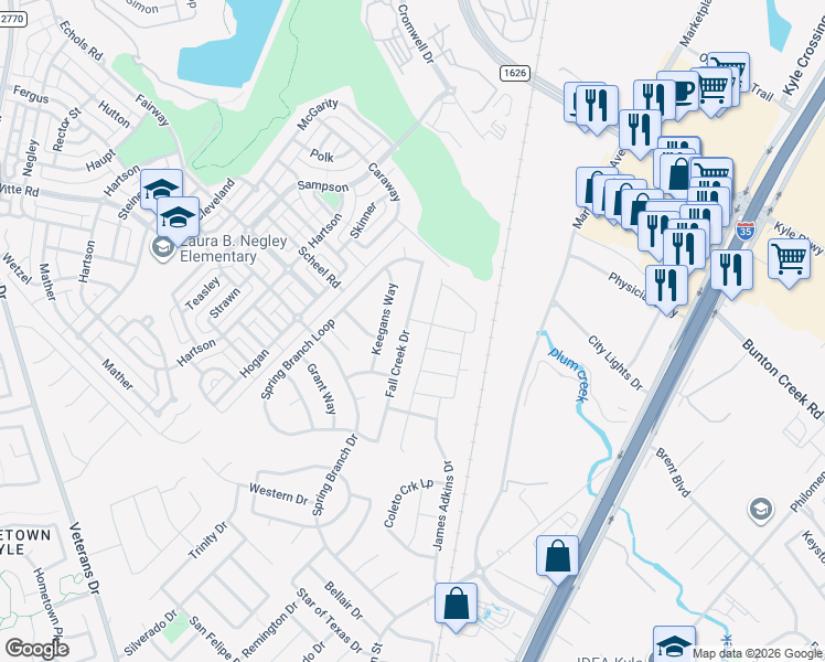 map of restaurants, bars, coffee shops, grocery stores, and more near 216 Fall Creek Drive in Kyle