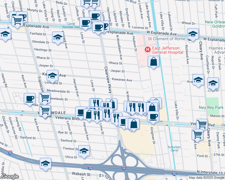 map of restaurants, bars, coffee shops, grocery stores, and more near 3617 Clearview Parkway in Metairie