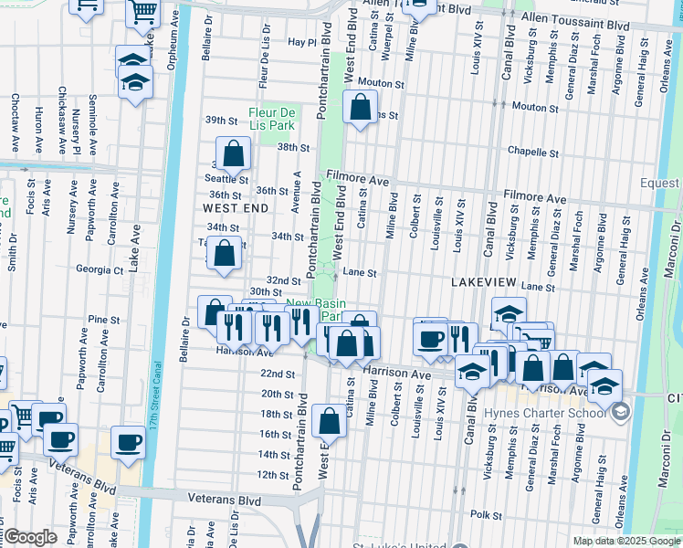 map of restaurants, bars, coffee shops, grocery stores, and more near 6449 West End Boulevard in New Orleans