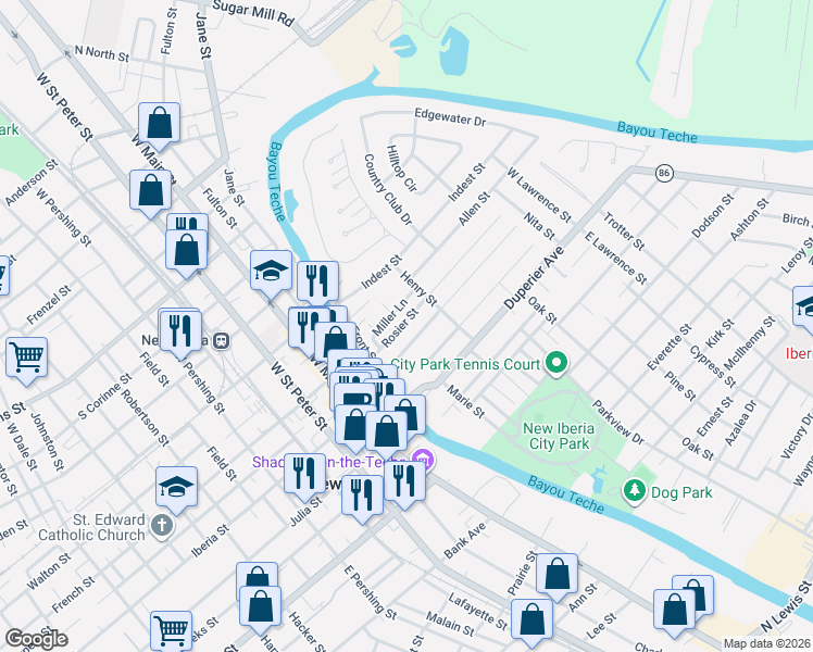 map of restaurants, bars, coffee shops, grocery stores, and more near 140 Rosier Street in New Iberia