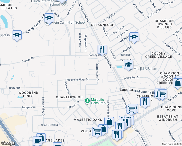 map of restaurants, bars, coffee shops, grocery stores, and more near 9422 Cedar Point Circle in Houston