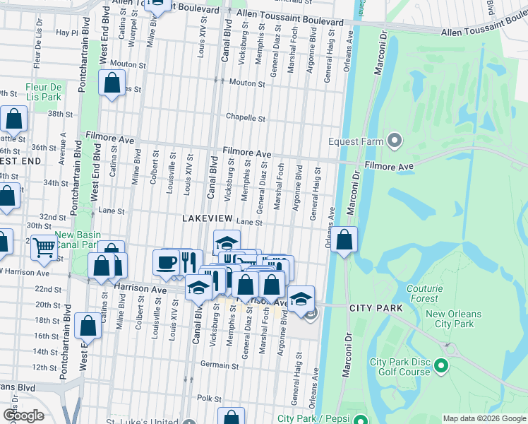 map of restaurants, bars, coffee shops, grocery stores, and more near 6528 Marshal Foch in New Orleans