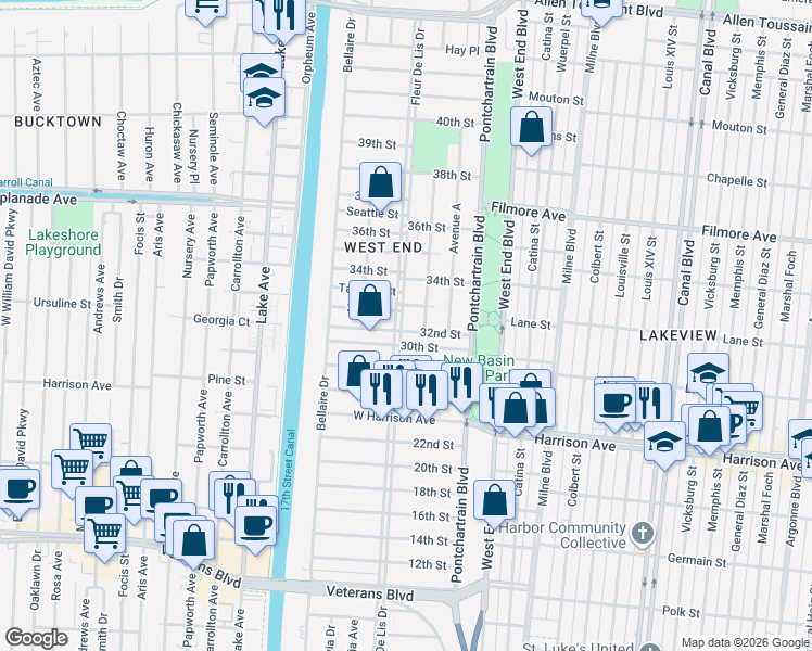 map of restaurants, bars, coffee shops, grocery stores, and more near 6414 Fleur De Lis Drive in New Orleans