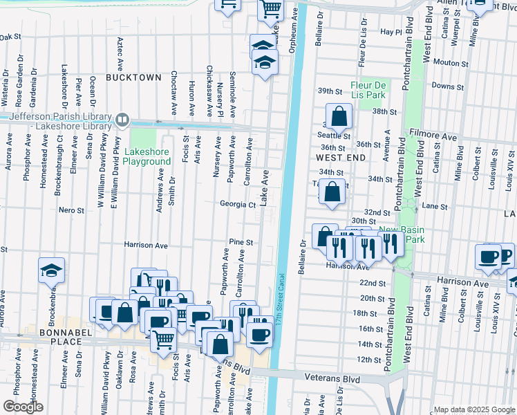 map of restaurants, bars, coffee shops, grocery stores, and more near 1257 Carrollton Avenue in Metairie