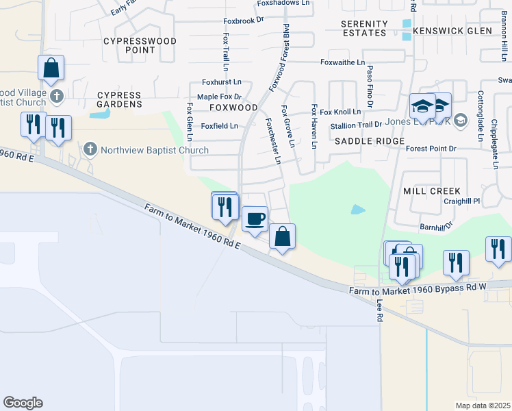 map of restaurants, bars, coffee shops, grocery stores, and more near 19920 Foxwood Forest Boulevard in Humble