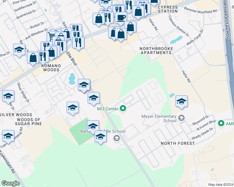 map of restaurants, bars, coffee shops, grocery stores, and more near 1038 Larks Trace Lane in Houston