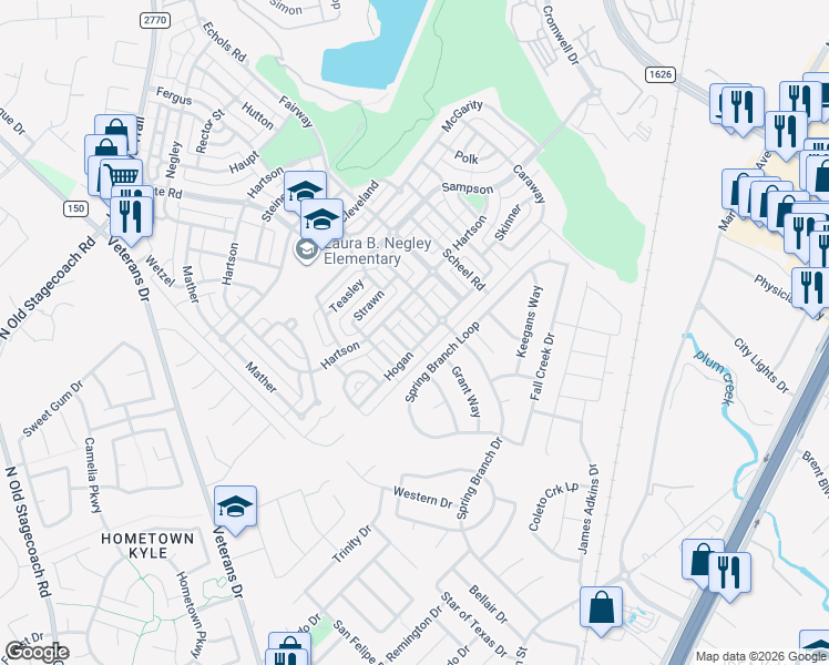 map of restaurants, bars, coffee shops, grocery stores, and more near 127 Chesser in Kyle