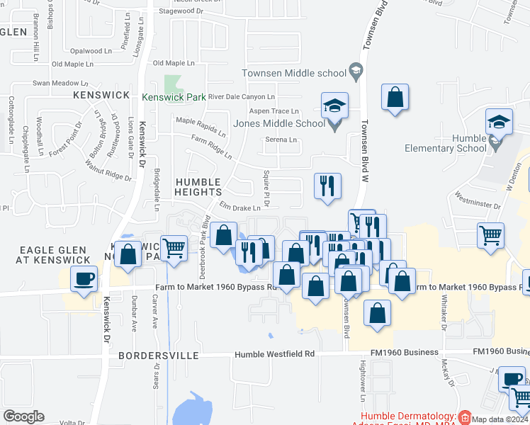 map of restaurants, bars, coffee shops, grocery stores, and more near 9014 Elm Drake Lane in Humble