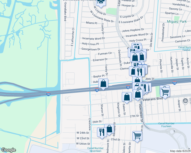 map of restaurants, bars, coffee shops, grocery stores, and more near 128 Baylor Place in Kenner