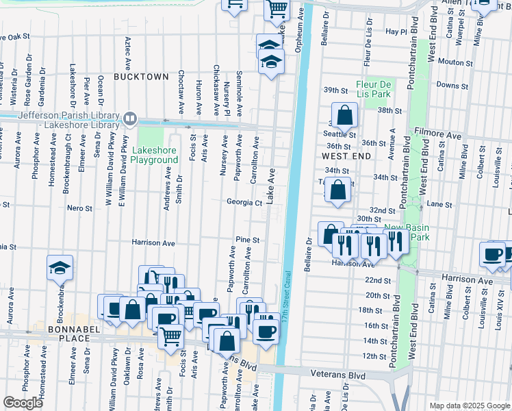 map of restaurants, bars, coffee shops, grocery stores, and more near 1257 Carrollton Avenue in Metairie