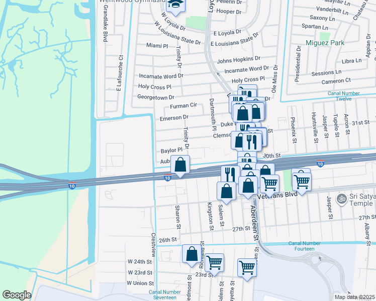 map of restaurants, bars, coffee shops, grocery stores, and more near 201 Baylor Place in Kenner
