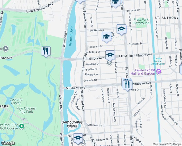 map of restaurants, bars, coffee shops, grocery stores, and more near 3539601 Riviera Avenue in New Orleans