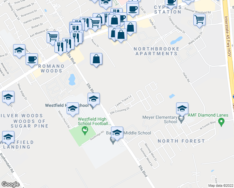 map of restaurants, bars, coffee shops, grocery stores, and more near 1038 Larks Trace Lane in Houston