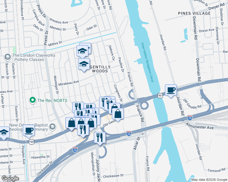 map of restaurants, bars, coffee shops, grocery stores, and more near 4947 Stephen Girard Avenue in New Orleans