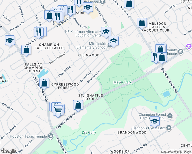 map of restaurants, bars, coffee shops, grocery stores, and more near 7727 Heathrow Lane in Spring