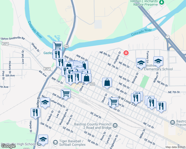 map of restaurants, bars, coffee shops, grocery stores, and more near 400 Gresham Street in Smithville