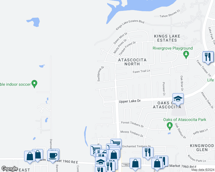 map of restaurants, bars, coffee shops, grocery stores, and more near 5307 Enchanted Mist Drive in Humble