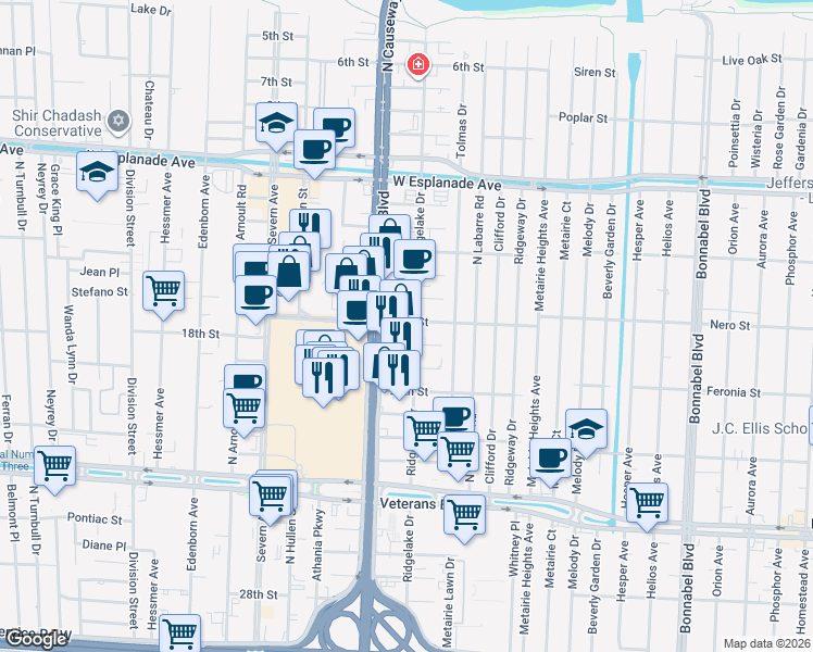 map of restaurants, bars, coffee shops, grocery stores, and more near 3235 North Causeway Boulevard in Metairie