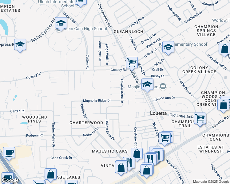 map of restaurants, bars, coffee shops, grocery stores, and more near 9418 Cedar Point Circle in Houston